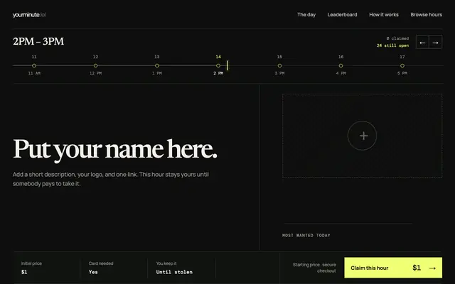 Screenshot of YourMinute.lol — Own a minute of the internet