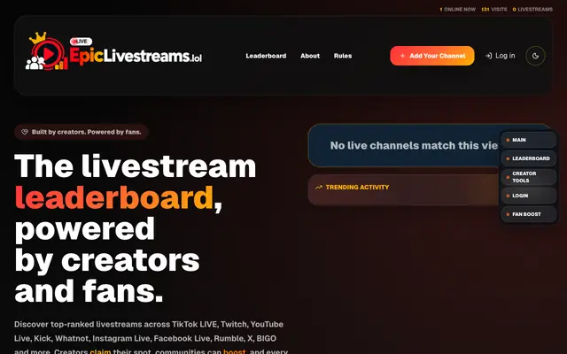 Screenshot of Epic Livestreams.lol | Discover and boost live creators