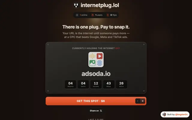 Screenshot of internetplug.lol — the internet switch
