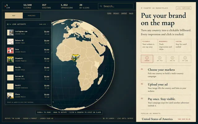 Screenshot of putmeonthemap.lol — country-sized advertising