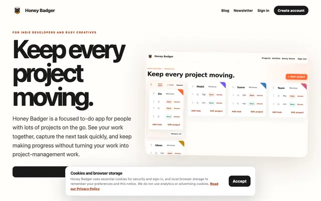 Screenshot of Honey Badger — A focused multi-project to-do app