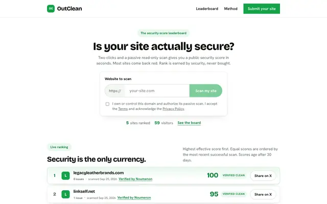 Screenshot of OutClean — The security-score leaderboard
