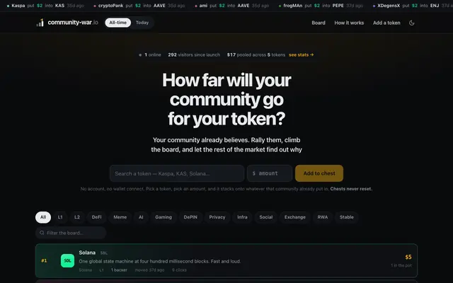 Screenshot of community-war.io — how far will your community go?