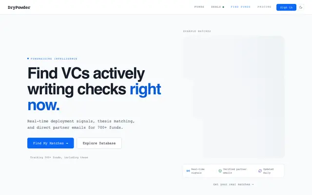 Screenshot of DryPowder — Find Seed & Pre-Seed VC Funds