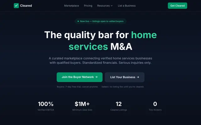 Screenshot of Cleared — The Quality Bar for Home Services M&A
