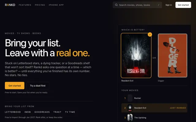 Screenshot of RANKD — Stop rating things 1–10. Start ranking them.