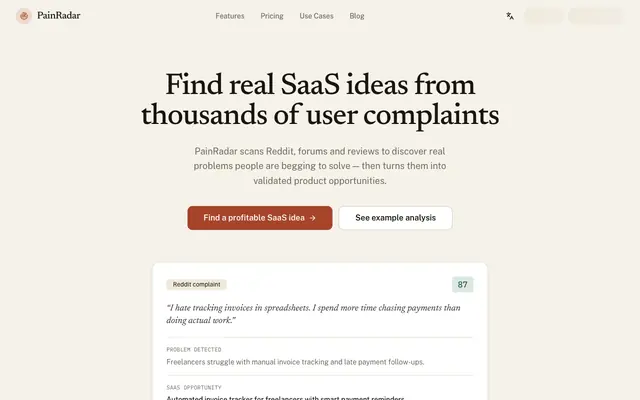 Screenshot of PainRadar — Find Real Problems, Build Real Products