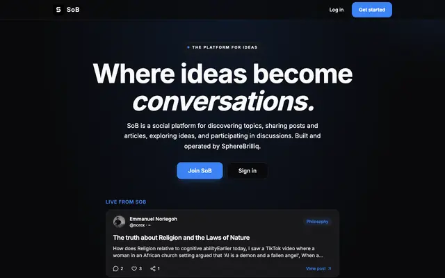 Screenshot of SoB — Where ideas become conversations