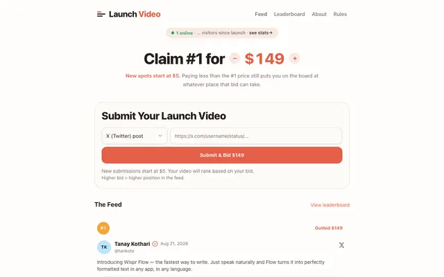 Screenshot of Launch Video — Bid to feature your product launch video
