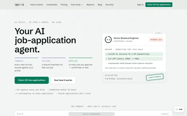 Screenshot of Your AI job-application agent for US roles — Apiva