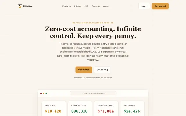Screenshot of TillJotter — Simple bookkeeping for LLCs, free to start
