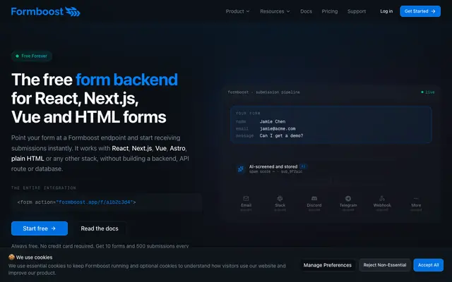 Screenshot of Free Form Backend for Developers | Formboost