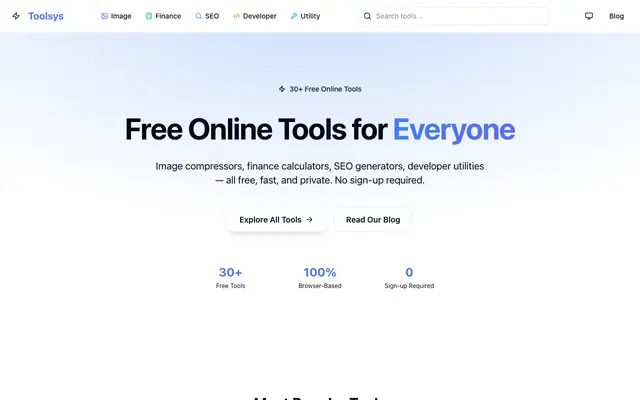 Screenshot of Toolsys — 30+ Free Online Tools for Images, SEO & Finance