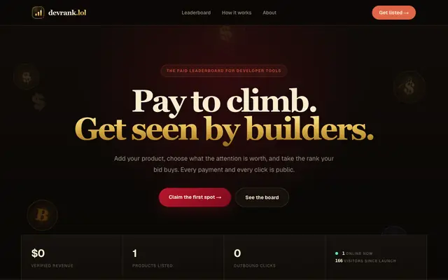 Screenshot of DevRank — The paid leaderboard for developer tools