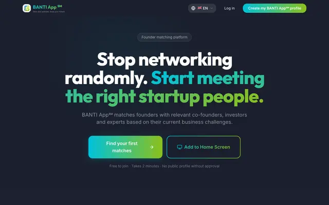 Screenshot of Banti – Founder Matching Platform | Connect with Entrepreneurs, Investors & Expe