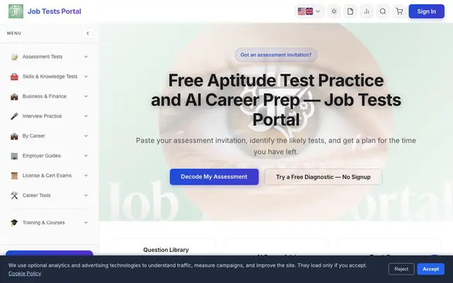Screenshot of Free Aptitude Test Practice & Exam Prep | Job Tests Portal