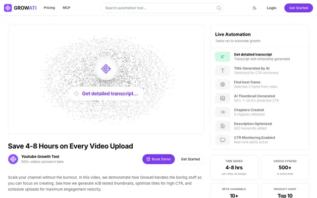 Screenshot of Growati | YouTube Automation Tool for Thumbnails, Titles, Descriptions & Chapter