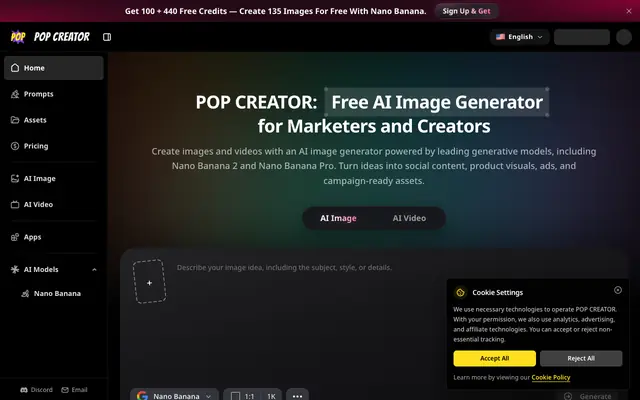 Screenshot of Free AI Image Generator with Nano Banana Pro | POP CREATOR
