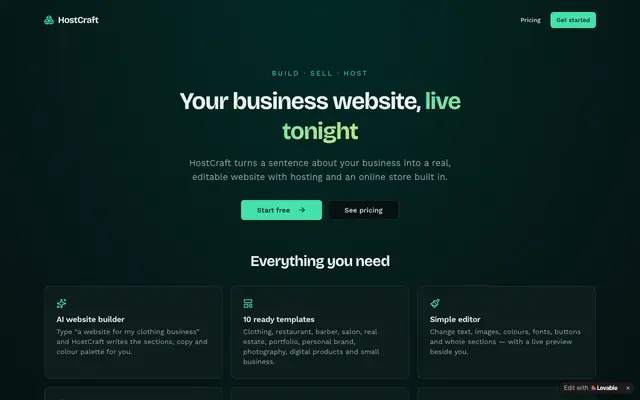 Screenshot of HostCraft — Build and host a website with AI
