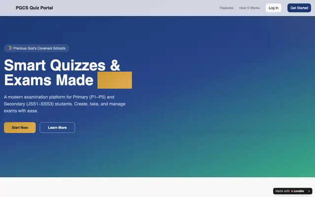 Screenshot of PGCS Quiz Portal – Precious God's Covenant Schools