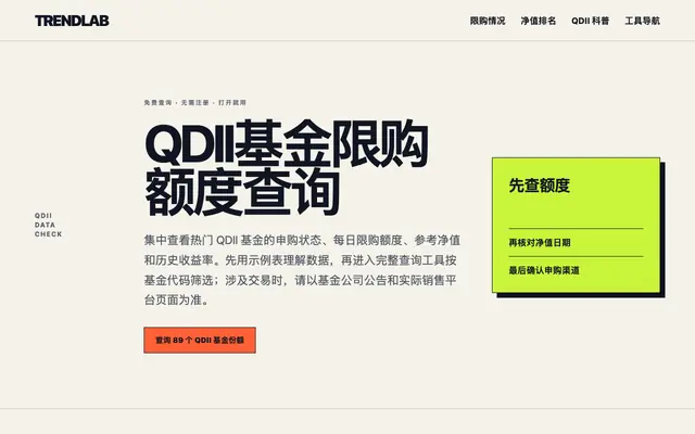 Screenshot of QDII基金限购额度查询 - 净值、排名一站查 | TrendLab