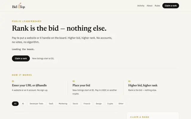 Screenshot of Bid4Top — Pay to rank. Rank is the bid.