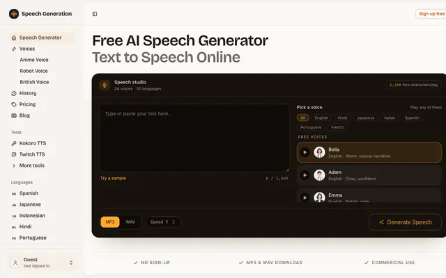 Screenshot of AI Speech Generator — Free Text to Speech Online