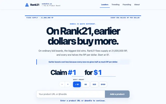 Screenshot of Rank21 — Fixed-Supply Outbid Board for AI Products