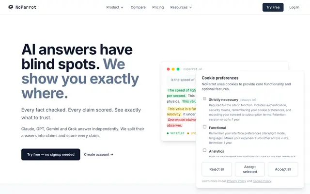 Screenshot of NoParrot — Fact-Check AI Answers Across ChatGPT, Claude, Gemini & Grok