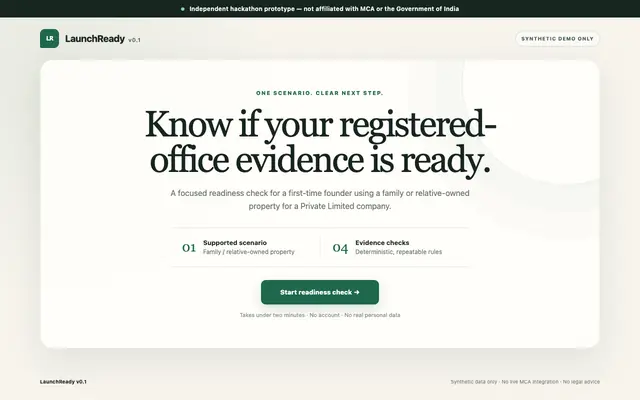 Screenshot of LaunchReady v0.1 | Registered-office readiness