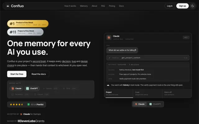 Screenshot of Confluo — Universal AI Memory Platform | Claude, ChatGPT & Gemini