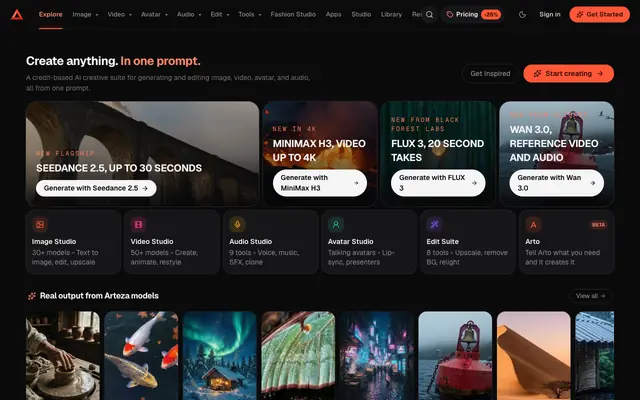 Screenshot of Arteza | AI Image, Video & Audio Generator