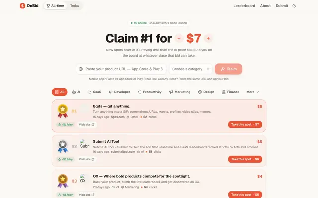 Screenshot of OnBid — Pay to climb the internet's leaderboard