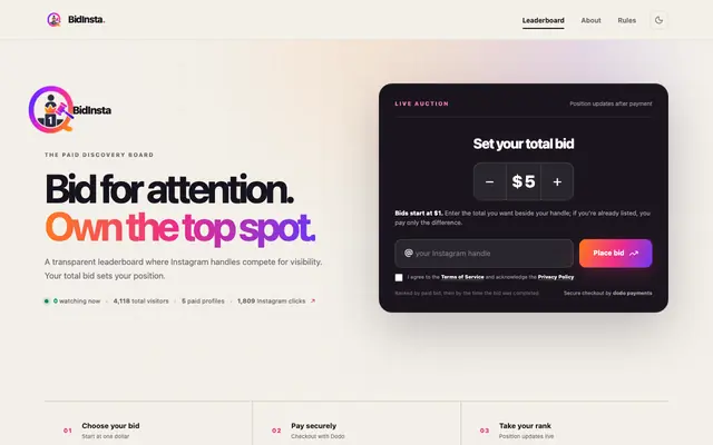 Screenshot of BidInsta — The Instagram Handle Leaderboard