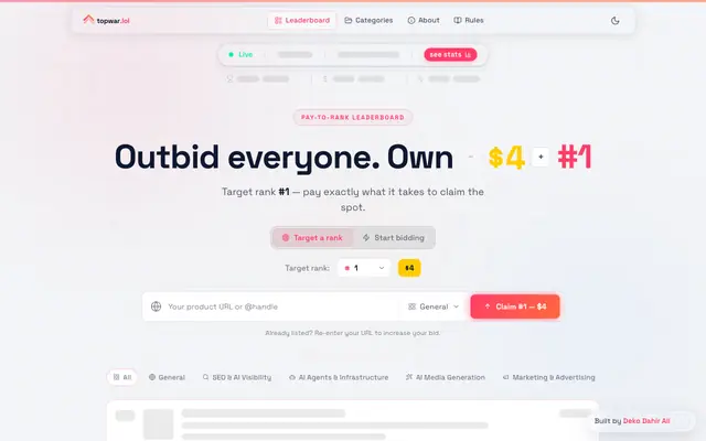 Screenshot of topwar.lol — Outbid Your Way to #1 | Pay-to-Rank Leaderboard