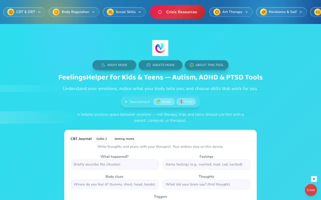 Screenshot of FeelingsHelper | Psychoeducational Autism PTSD ADHD Tools