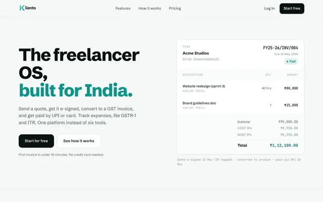 Screenshot of GST Invoicing & Payments for Indian Freelancers | Kliento