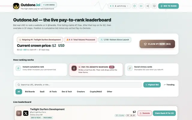 Screenshot of Outdone.lol — Pay-to-Rank Leaderboard | Bid USD to Claim #1