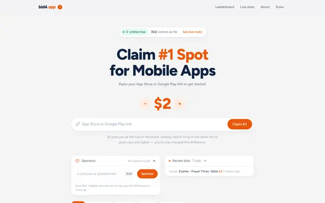 Screenshot of bid4.app — Claim the #1 spot for iOS apps