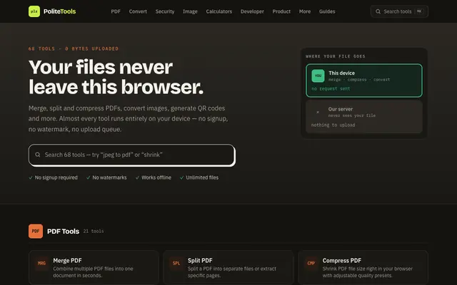 Screenshot of Polite Tools — Free Online PDF & Image Tools, 100% Private