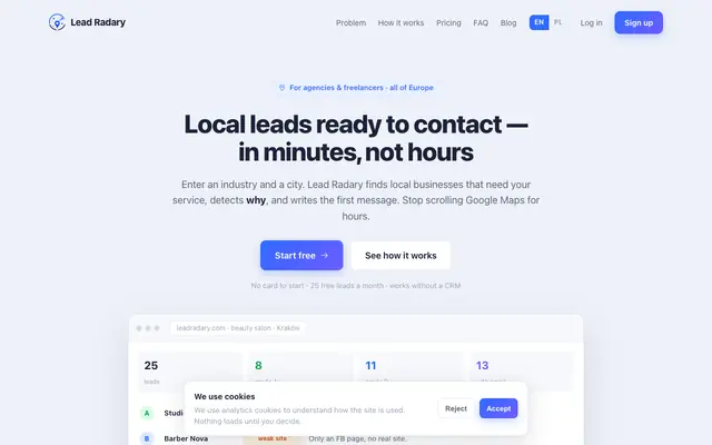Screenshot of Lead Radary — local lead generation for agencies, with a ready message · Lead Ra