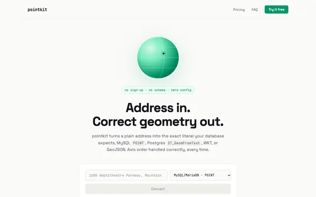 Screenshot of Address to MySQL POINT & Postgres Geometry Converter | Pointkit