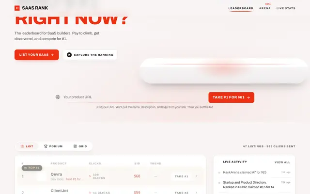 Screenshot of SaaS Rank — the paid leaderboard for SaaS