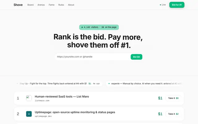 Screenshot of Shove (shove.lol) — pay-to-rank leaderboard