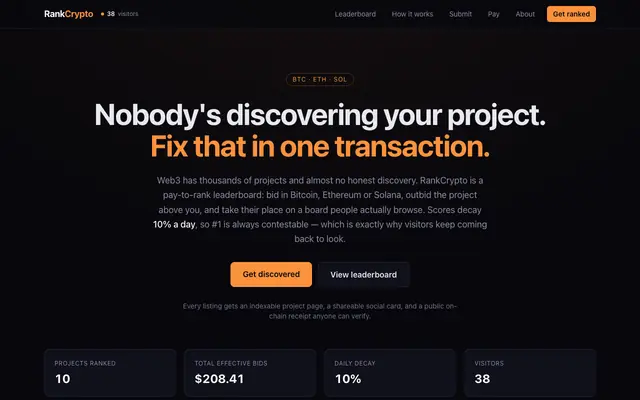 Screenshot of RankCrypto — Pay-to-rank leaderboard for Web3 projects