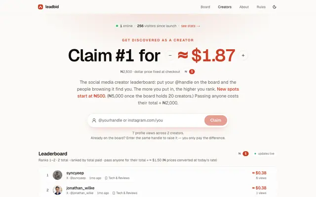 Screenshot of Get discovered as a creator · leadbid