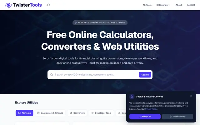 Screenshot of TwisterTools - Free Online Calculators, Converters & Web Utilities