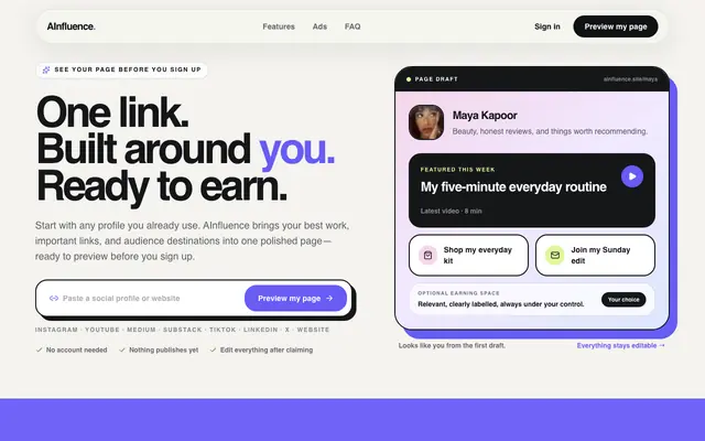 Screenshot of AInfluence Studio — Build Your Creator Business