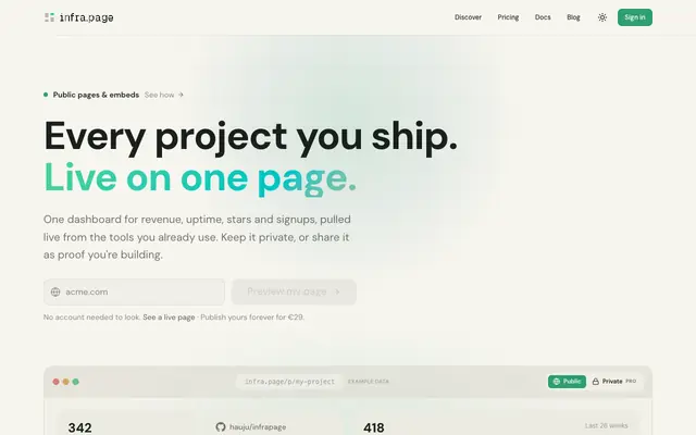 Screenshot of infrapage — Your project's live numbers, one page