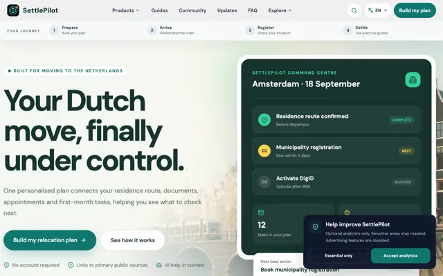 Screenshot of SettlePilot | Netherlands Relocation Planner & Checklist